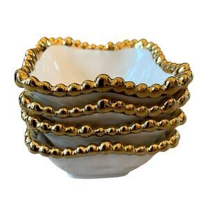 Perla White Porcelain Tidbit Bowls with Gold Beaded Edge 4in Square Set of 4 NEW